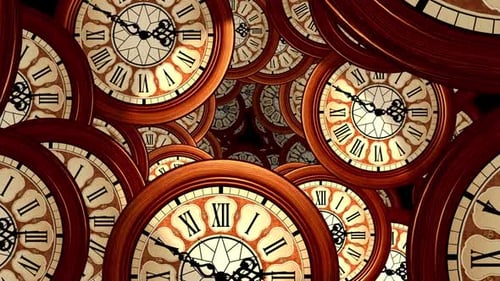 Many Moving Vintage Clocks Creating an Endless Time Tunnel