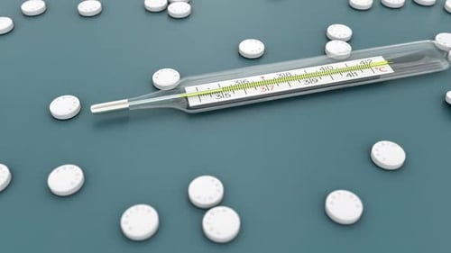 Thermometer With Very Hot Temperature and Antipyretic Pills, Flu Virus Infection