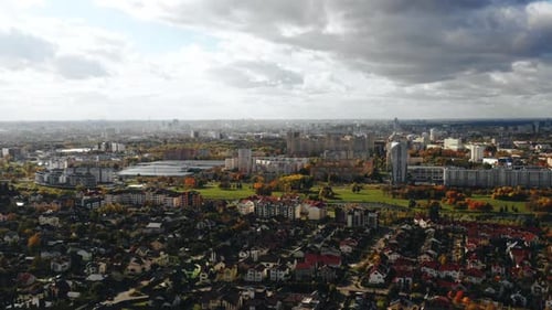 Drone Flying Over Beautiful Suburb Neighborhood, Modern Megapolis Buildings and Parks Panorama