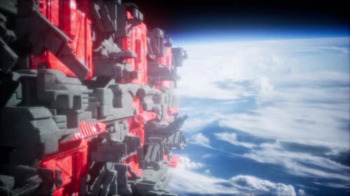 Sci-Fi Spaceship Flying Over Planet Earth in Orbit