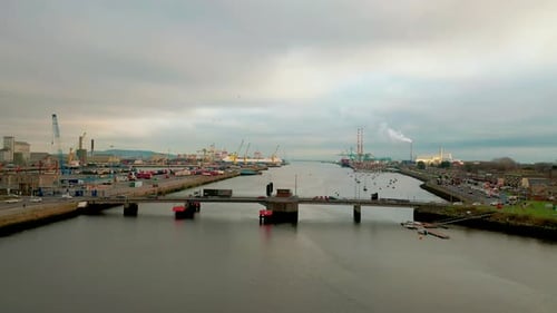 Aerial View of Bridge Over River Near Port