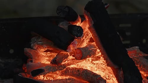 Burning Wood with Glowing Embers and Orange Flames