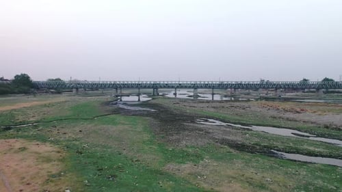 Drone Flying Towards The Yamuna Bridge In Agra, India, Aerial