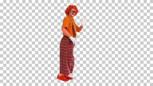 Payaso con peluca roja caminando y saludando a todos, Alpha Channel