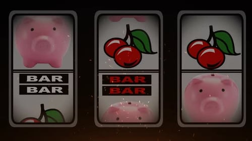 Animation of white confetti over rotating fruit machine, stopping on three of a kind