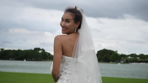 Slow motion Of Wedding Bride Happy Fun walking and running in the park