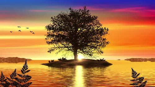 Animated Sunset Landscape with Silhouetted Tree and Flying Birds