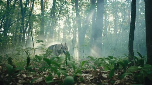 Loup gris dans une belle forêt avec les rayons du soleil en arrière-plan