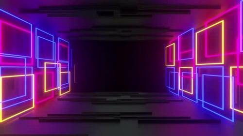 Dynamic Neon Light Tunnel with Glowing Geometric Squares