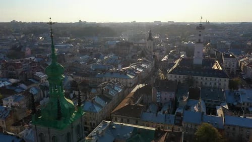 Aerial Video of Uspinska Church in in Central Part of Old City of Lviv, Ukraine