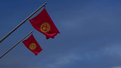Kyrgyzstan National Flag Waving in Blue Sky
