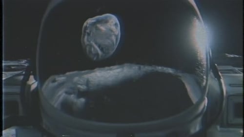Astronaut on Moon Reflecting Planet with Retro VHS Effect