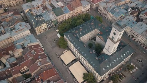 Aerial Drone Footage of European City Lviv, Ukraine. Flight Above Popular Ancient Part of Old Town