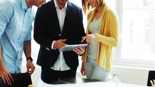 Young Adults Working Together in Office with Tablet
