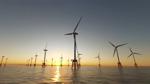 Offshore Wind Turbines Generating Clean Energy at Sunset