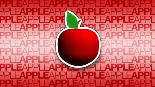 Animated Red Apple Illustration with Repeating Text Background