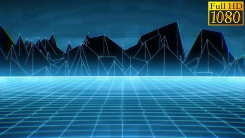 Retro 80s Style Grid Horizon Loop with Polygonal Mountains