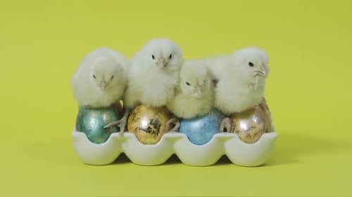 Baby Chicks Resting on Decorated Easter Eggs