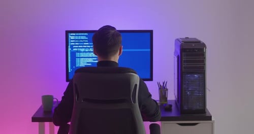 Rear View of Man Programmer Coding Network Security Software Indoors in Neon Lights at Night