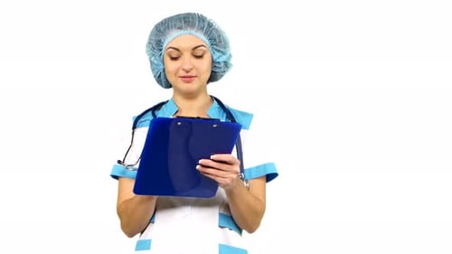 Female Doctor Writing on Clipboard in White Room