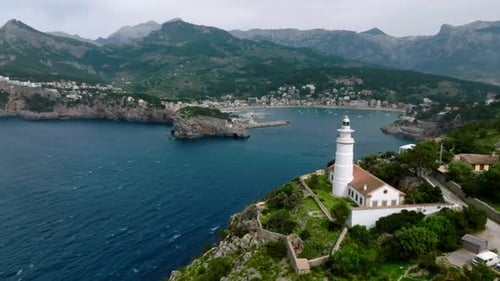 Beautiful Aerial View of the Lighthouse Near Harbour of Port De Soller