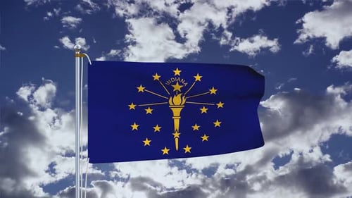 Indiana State Flag Waving Against Blue Sky With Clouds