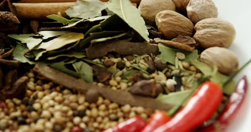 Various spices in plate on white background 4k