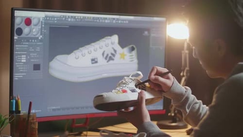Close Up Of Asian Male Footwear Designer Putting Coloured Unique Patterns On Sneakers
