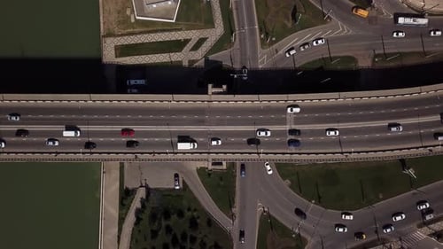 Drone's Eye View - Car Bird Eye View of Urban Traffic Jam on a Car Bridge