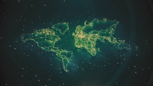 Animated Digital World Map with Glowing Global Network Connections