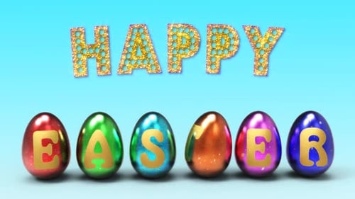 Happy Easter Glitter Text and Colorful Eggs Animation