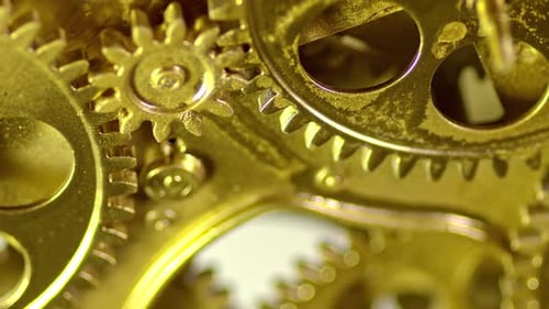 Golden Old Antique Gears Mechanism Working Zoom Out Close Up