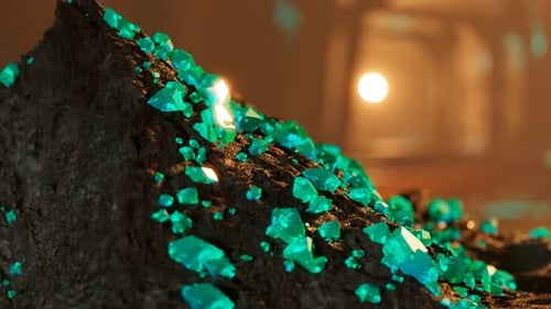 Green uranium ore gems in a mine. Glowing green radioactive ore in close up 4KHD