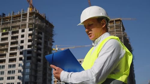 Inspector at Construction Site Making Notes on Paper
