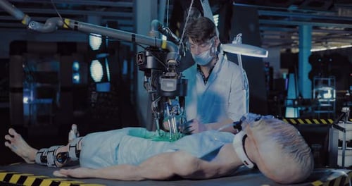 Scientist Examining Humanoid in Futuristic Lab