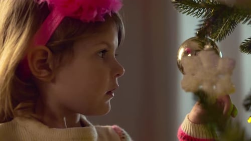 Girl Looking at Christmas Tree Ornaments at Home