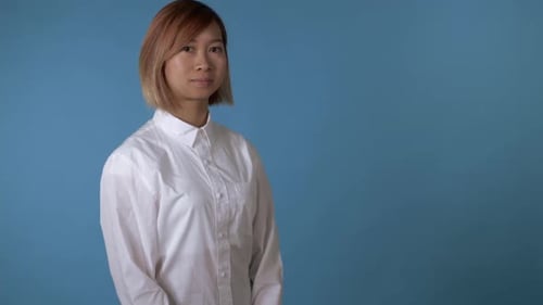 Cheerful Girl Shows Hands Gesture Hello