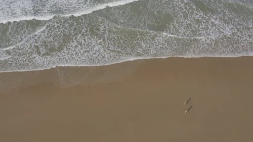 Aéreo / Pareja pasea por la playa / 4k / Oceano Atlantico /