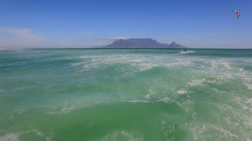 Travel drone Table Mountain, Table Bay, kiteboarders, Bloubergstrand, Cape Town, South Africa.