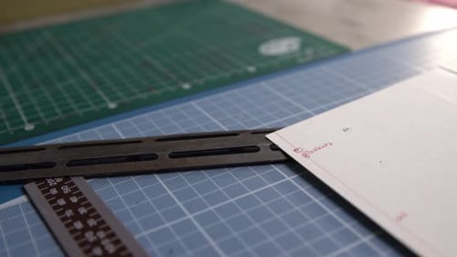 Cutting table for leather segments showing cutting guides, mats and guides , Dolly out close up shot