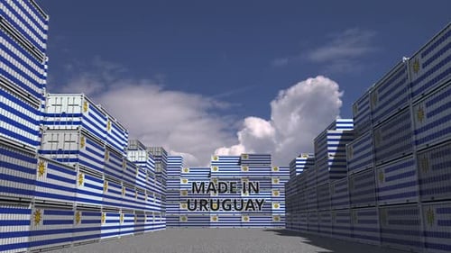 3D Made In Uruguay Text Reveal with Flagged Shipping Containers