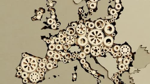 European Union in crisis. Map with gears breaks apart. Political disaster