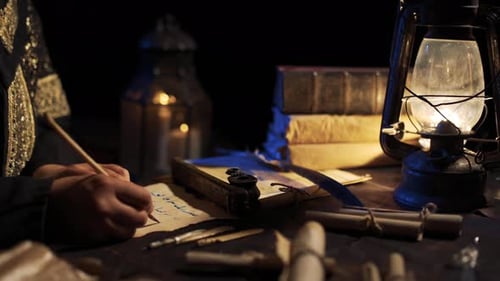 Writing on Parchment with Quill and Lantern