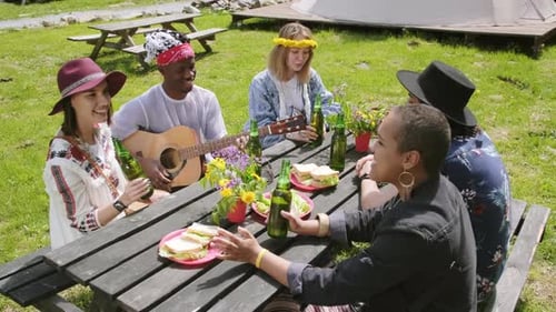 Friends Celebrate with Music at Outdoor Picnic