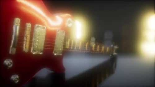 Shiny Red Electric Guitar with Reflective Surface and Bright Lens Flare
