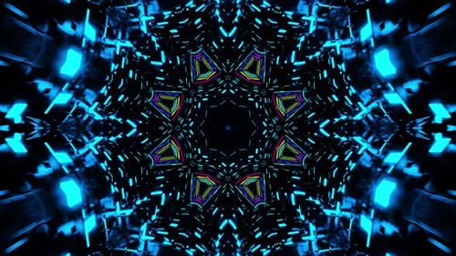 Flying in a tunnel with flashing multicolored fluorescent lights. Kaleidoscope
