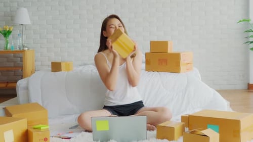Woman Holds Package in Online Business Setting