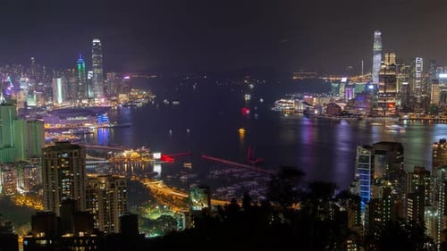 Cityscape Hong Kong City Buildings Surround Wide Harbour