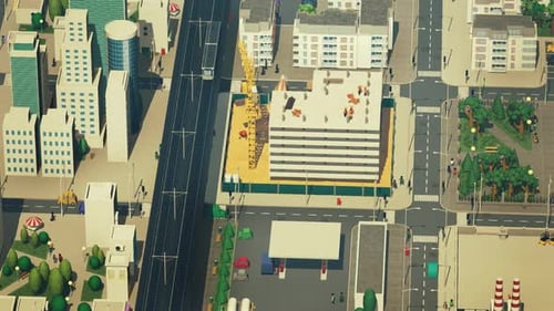 Urban aerial view of the city block with skyscrapers, offices and shops.