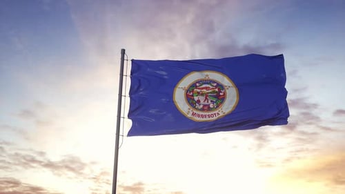 Minnesota State Flag Waving Motion Against Cloudy Sky